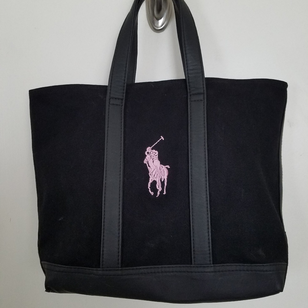 Ralph Lauren Pink Pony Black Canvas Tote Bag